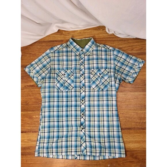 Kuhl Shirt Men’s Blue Plaid Snap Button Eluxur Gorpcore Small Short Sleeve - Picture 1 of 5